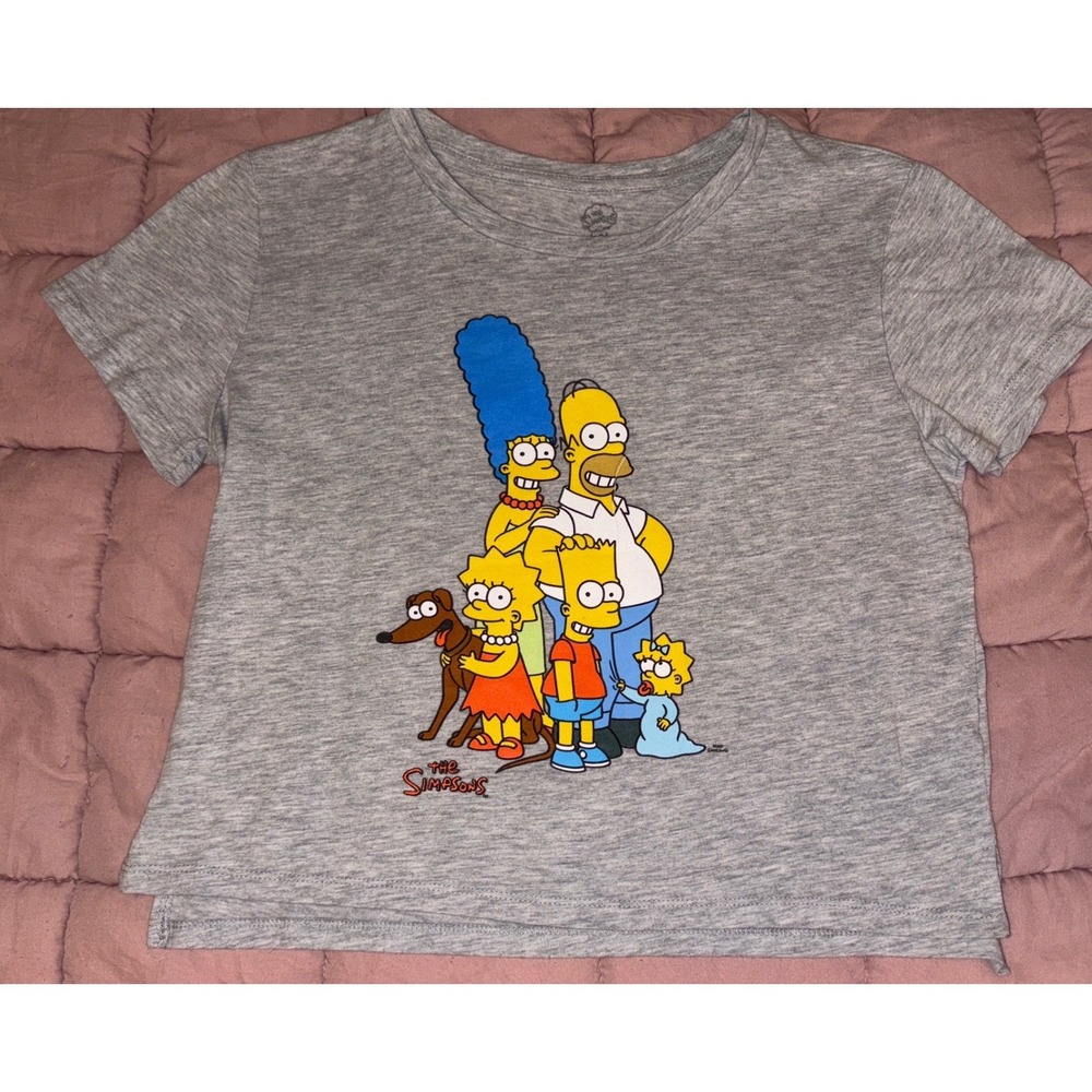 The Simpsons Womens Gray Cropped‎ Baby Tee Graphic Y2K Cartoon Family Shirt,  L